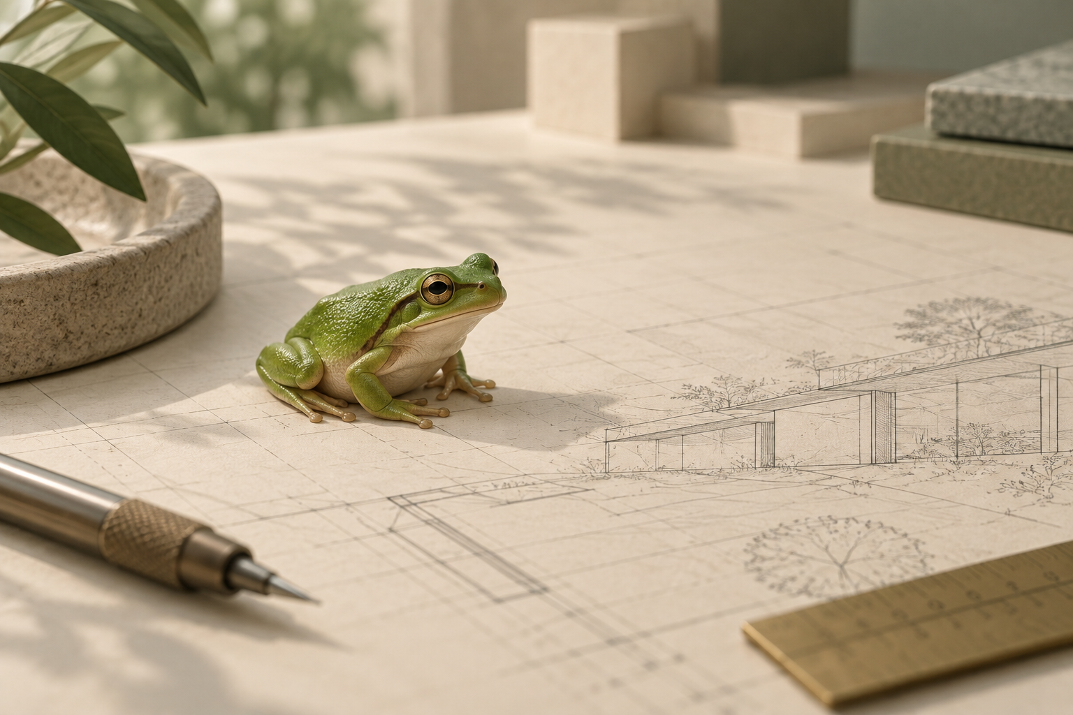 The original green frog photograph on architectural drafting paper